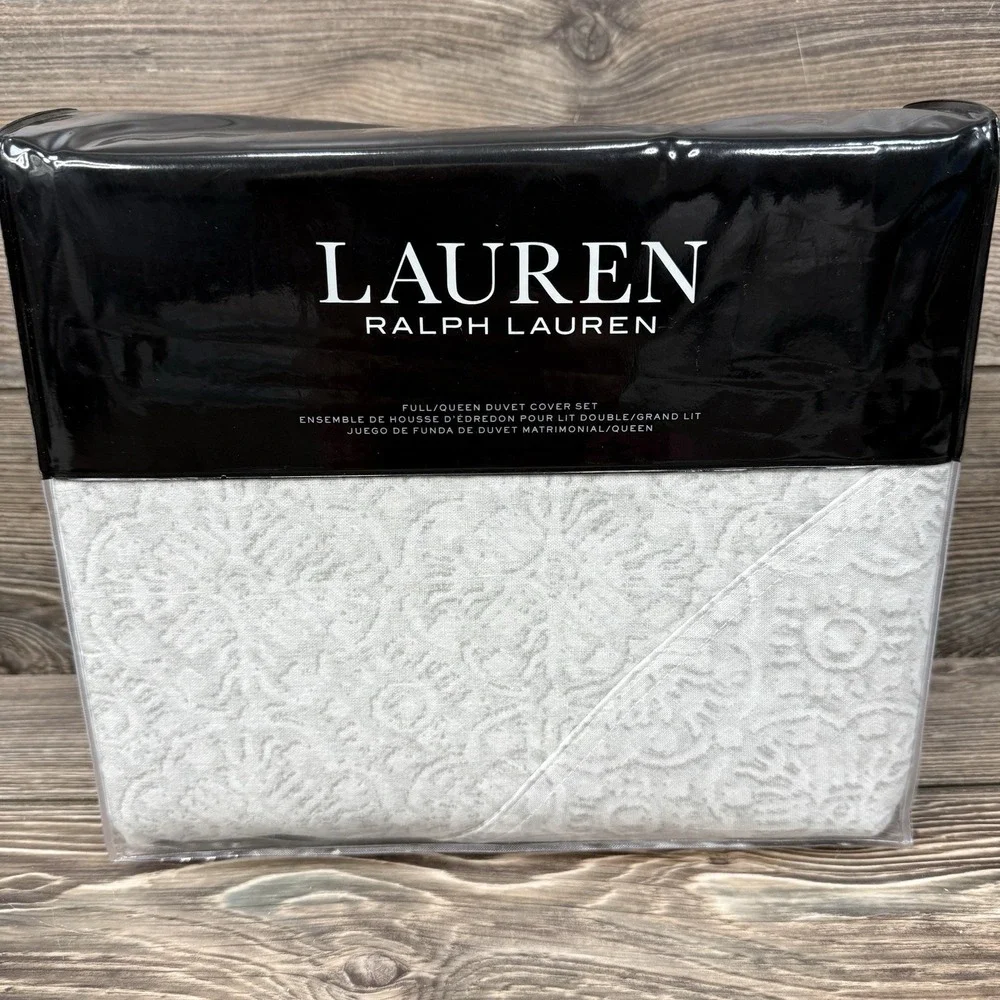 Ralph Lauren Emilia Grey Tonal Medallion Cotton/Linen Duvet Cover Set QUEEN $360